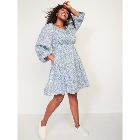 Old Navy Dress Blue Floral Print Mini Swing Long Sleeve - Picture 1 of 13